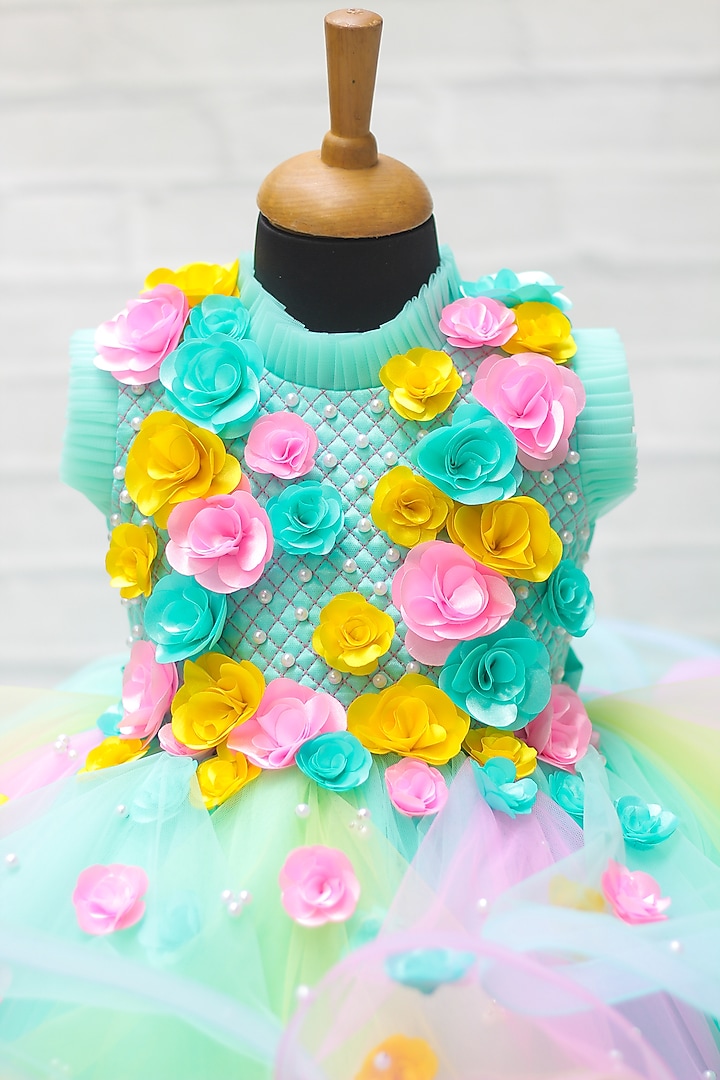 Aqua Blue Net & Satin Floral Embroidered Gown For Girls by Li & Li Boutique at Pernia's Pop Up Shop