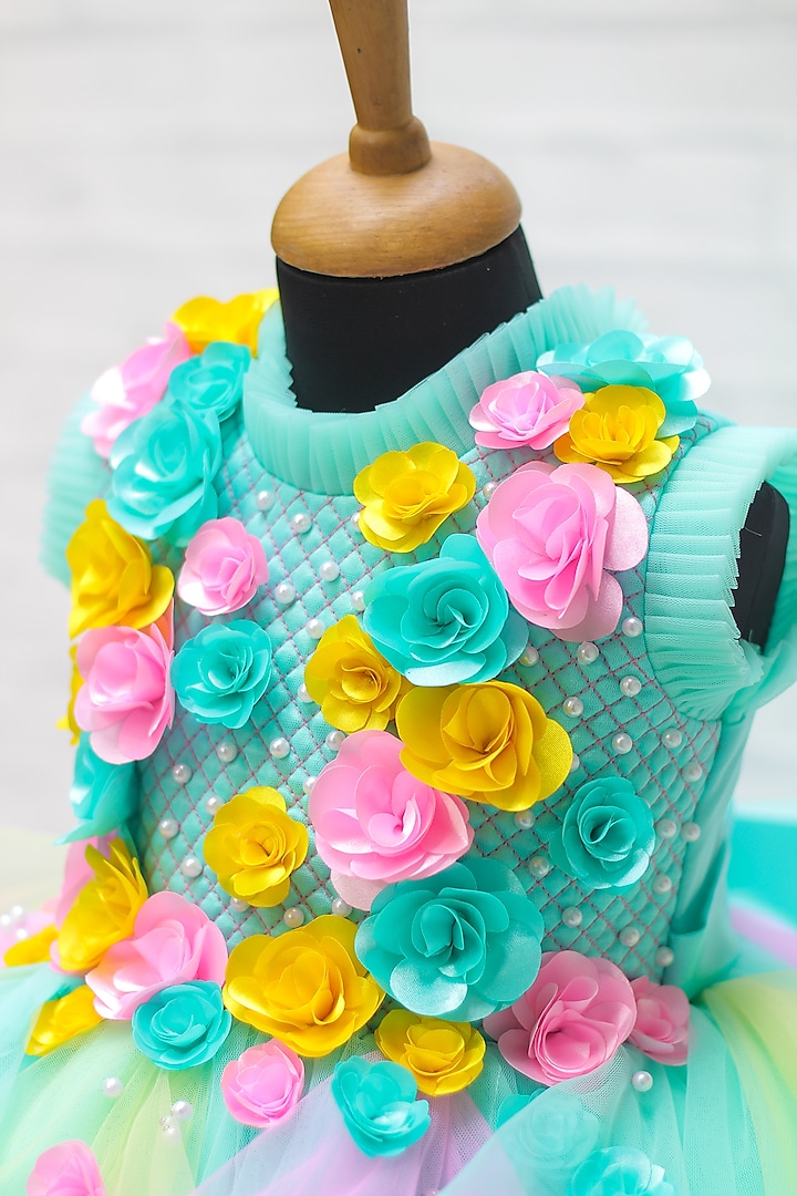 Aqua Blue Net & Satin Floral Embroidered Gown For Girls by Li & Li Boutique at Pernia's Pop Up Shop