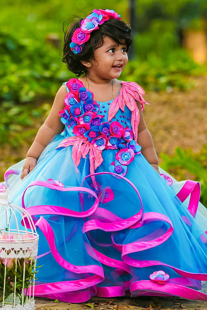 Sky Blue Net & Satin Floral Embroidered Gown For Girls by Li & Li Boutique at Pernia's Pop Up Shop