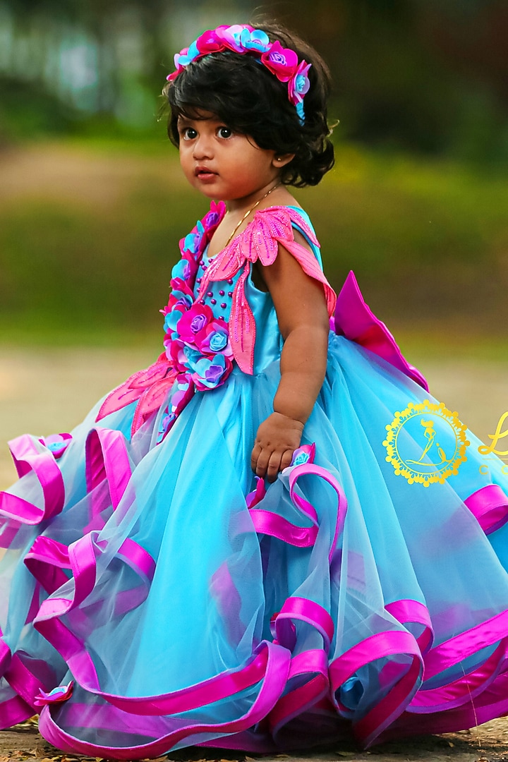 Sky Blue Net & Satin Floral Embroidered Gown For Girls by Li & Li Boutique at Pernia's Pop Up Shop
