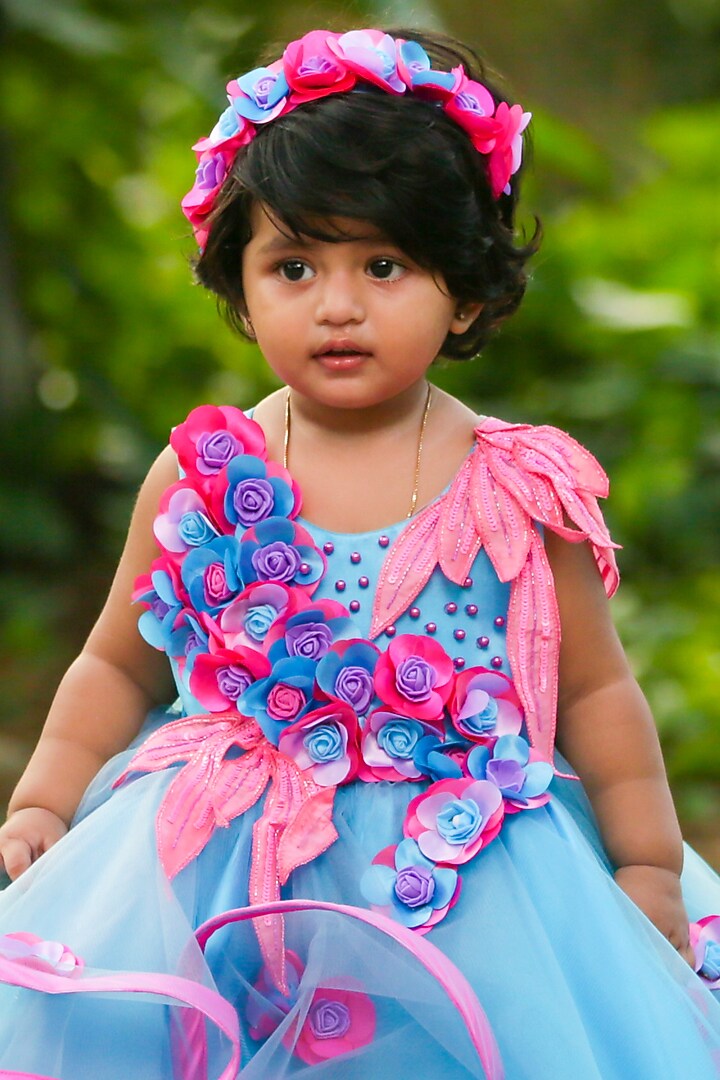 Sky Blue Net & Satin Floral Embroidered Gown For Girls by Li & Li Boutique at Pernia's Pop Up Shop