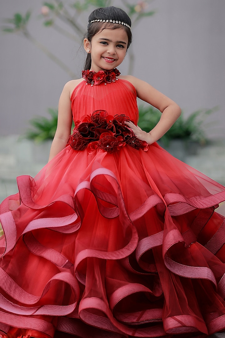 Red Net & Satin Floral Embroidered Ombre Gown For Girls by Li & Li Boutique at Pernia's Pop Up Shop