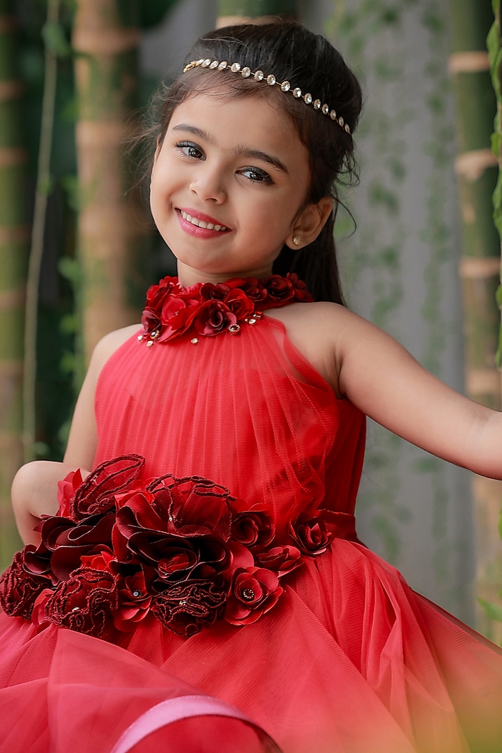 Red Net & Satin Floral Embroidered Ombre Gown For Girls by Li & Li Boutique at Pernia's Pop Up Shop