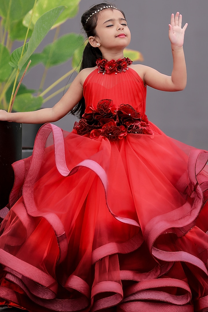 Red Net & Satin Floral Embroidered Ombre Gown For Girls by Li & Li Boutique at Pernia's Pop Up Shop