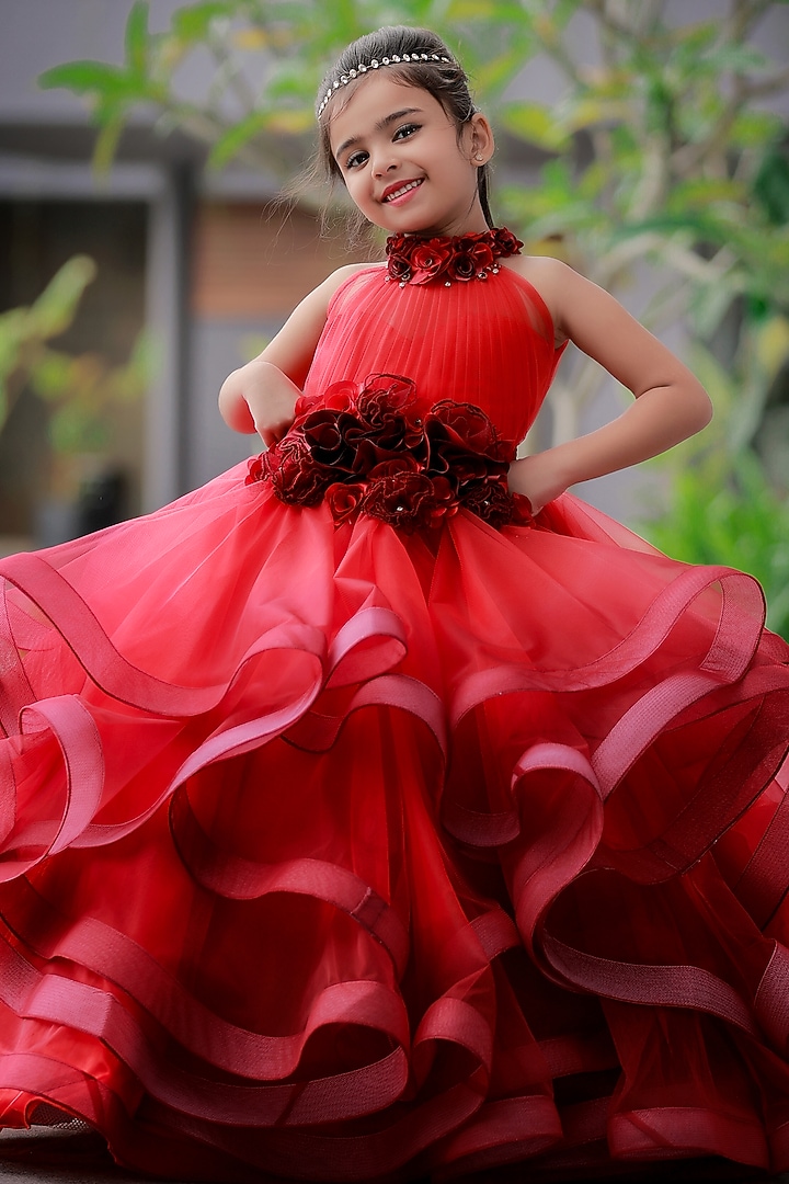 Red Net & Satin Floral Embroidered Ombre Gown For Girls by Li & Li Boutique at Pernia's Pop Up Shop