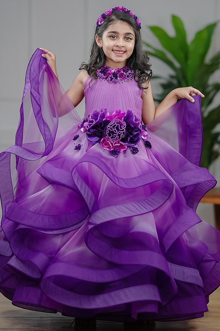 Purple Net & Satin Floral Embroidered Ombre Gown For Girls by Li & Li Boutique at Pernia's Pop Up Shop