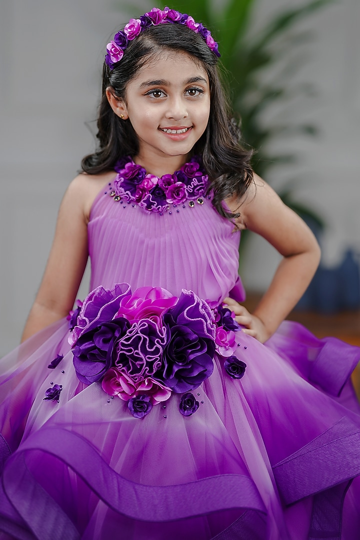 Purple Net & Satin Floral Embroidered Ombre Gown For Girls by Li & Li Boutique at Pernia's Pop Up Shop