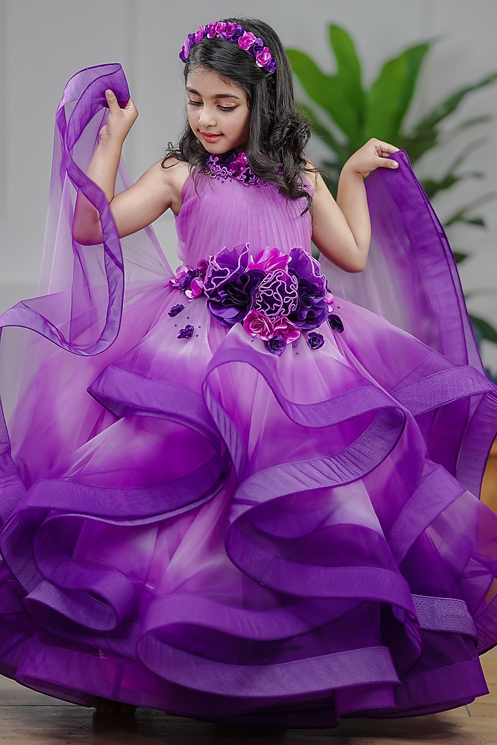 Purple Net & Satin Floral Embroidered Ombre Gown For Girls by Li & Li Boutique at Pernia's Pop Up Shop