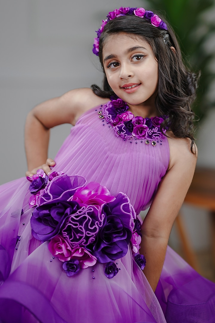 Purple Net & Satin Floral Embroidered Ombre Gown For Girls by Li & Li Boutique at Pernia's Pop Up Shop