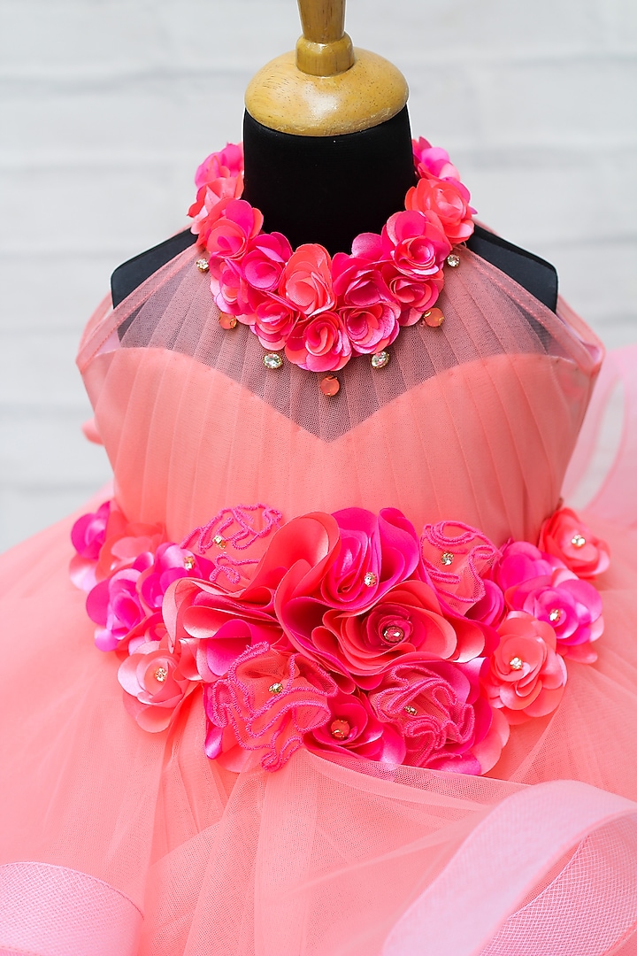 Flamingo Peach Net & Satin Floral Embroidered Gown For Girls by Li & Li Boutique at Pernia's Pop Up Shop
