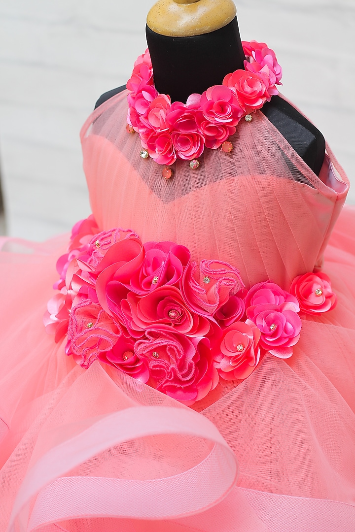 Flamingo Peach Net & Satin Floral Embroidered Gown For Girls by Li & Li Boutique at Pernia's Pop Up Shop