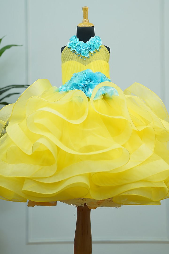 Light Lemon Yellow Net & Satin Floral Embroidered Gown For Girls by Li & Li Boutique at Pernia's Pop Up Shop