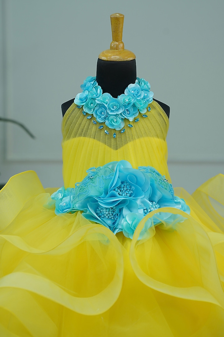 Light Lemon Yellow Net & Satin Floral Embroidered Gown For Girls by Li & Li Boutique at Pernia's Pop Up Shop