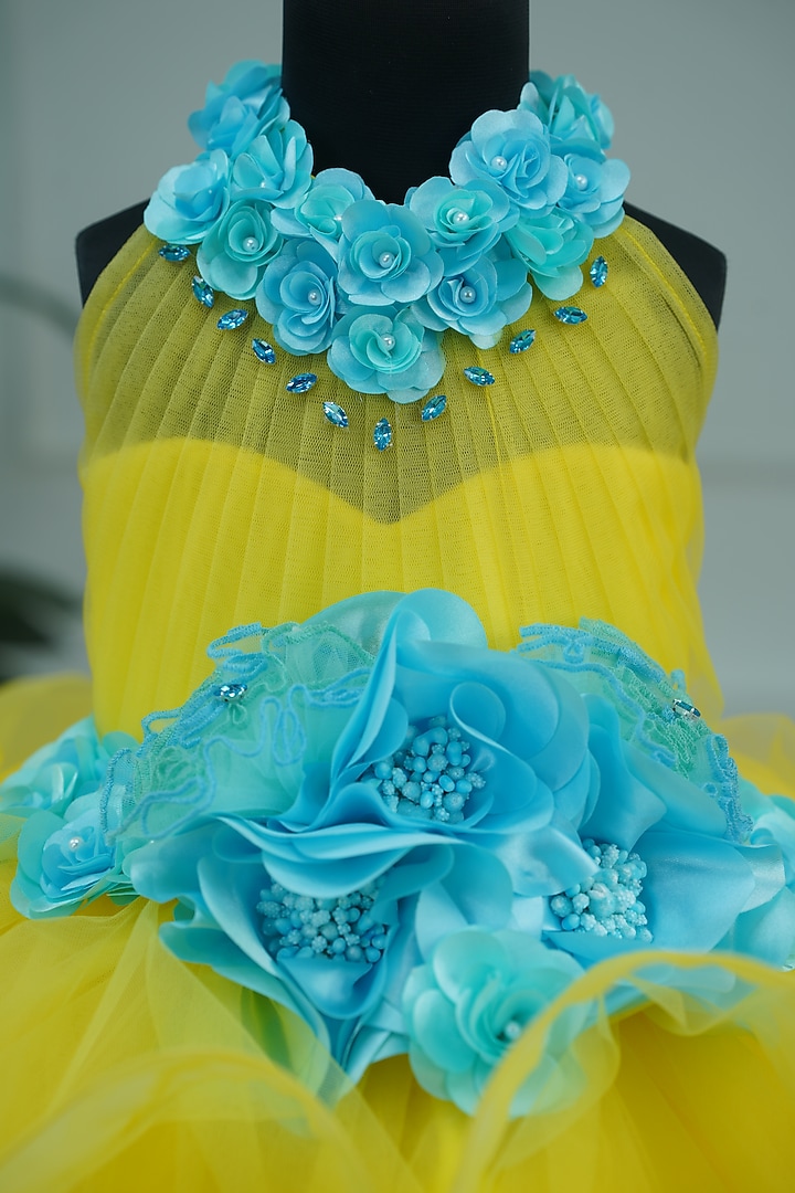 Light Lemon Yellow Net & Satin Floral Embroidered Gown For Girls by Li & Li Boutique at Pernia's Pop Up Shop