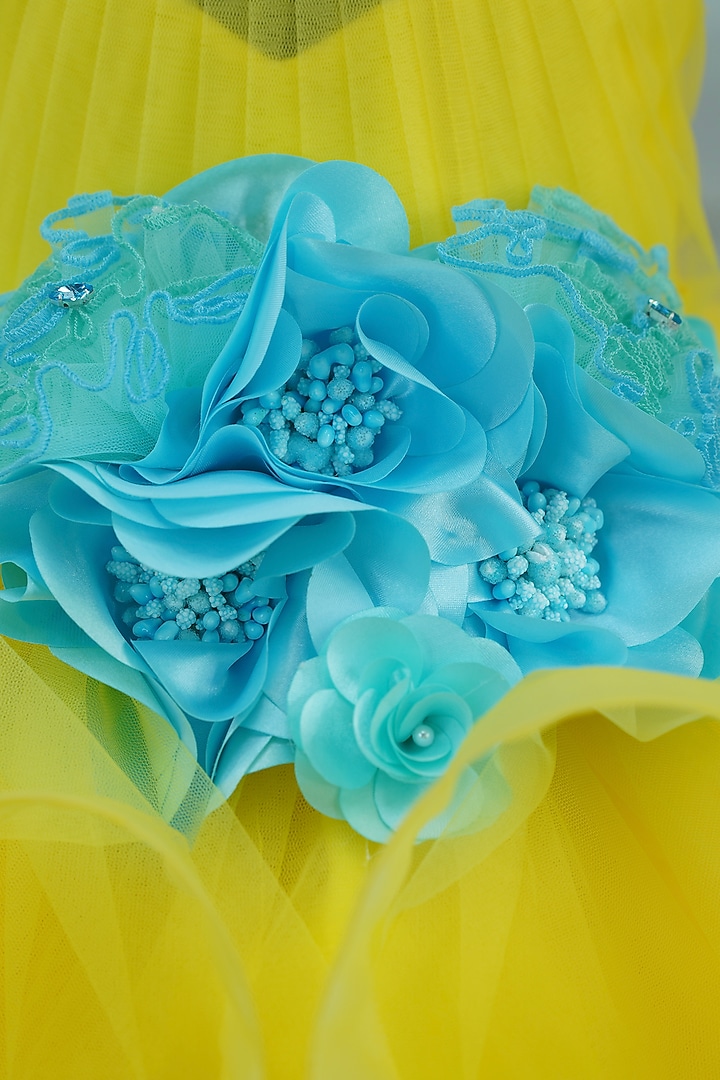 Light Lemon Yellow Net & Satin Floral Embroidered Gown For Girls by Li & Li Boutique at Pernia's Pop Up Shop