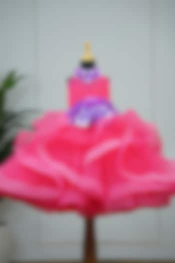 Coral & Purple Net & Satin Floral Embroidered Ombre Gown For Girls by Li & Li Boutique at Pernia's Pop Up Shop