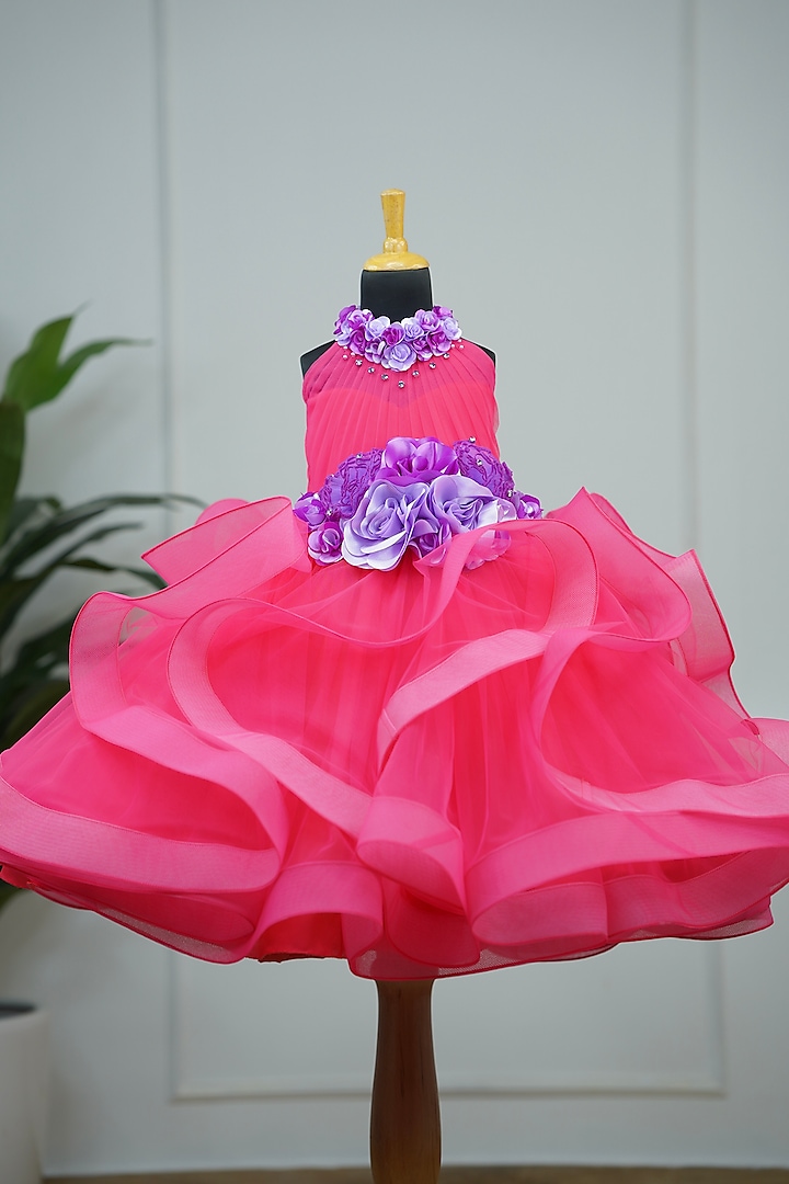 Coral & Purple Net & Satin Floral Embroidered Ombre Gown For Girls by Li & Li Boutique at Pernia's Pop Up Shop