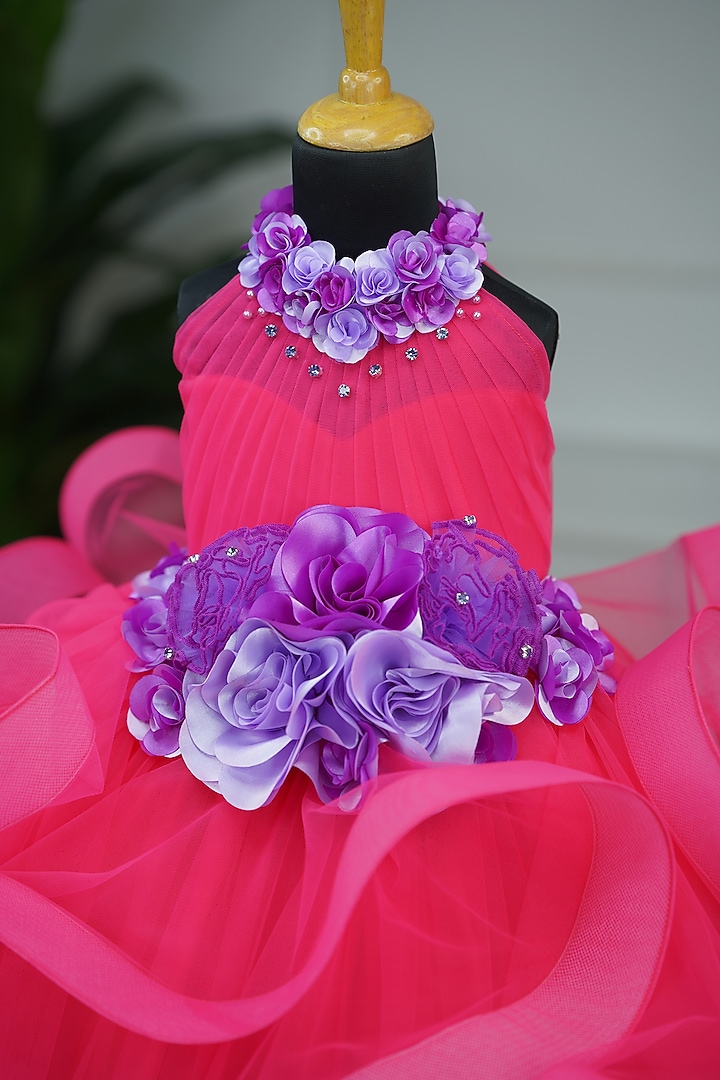 Coral & Purple Net & Satin Floral Embroidered Ombre Gown For Girls by Li & Li Boutique at Pernia's Pop Up Shop