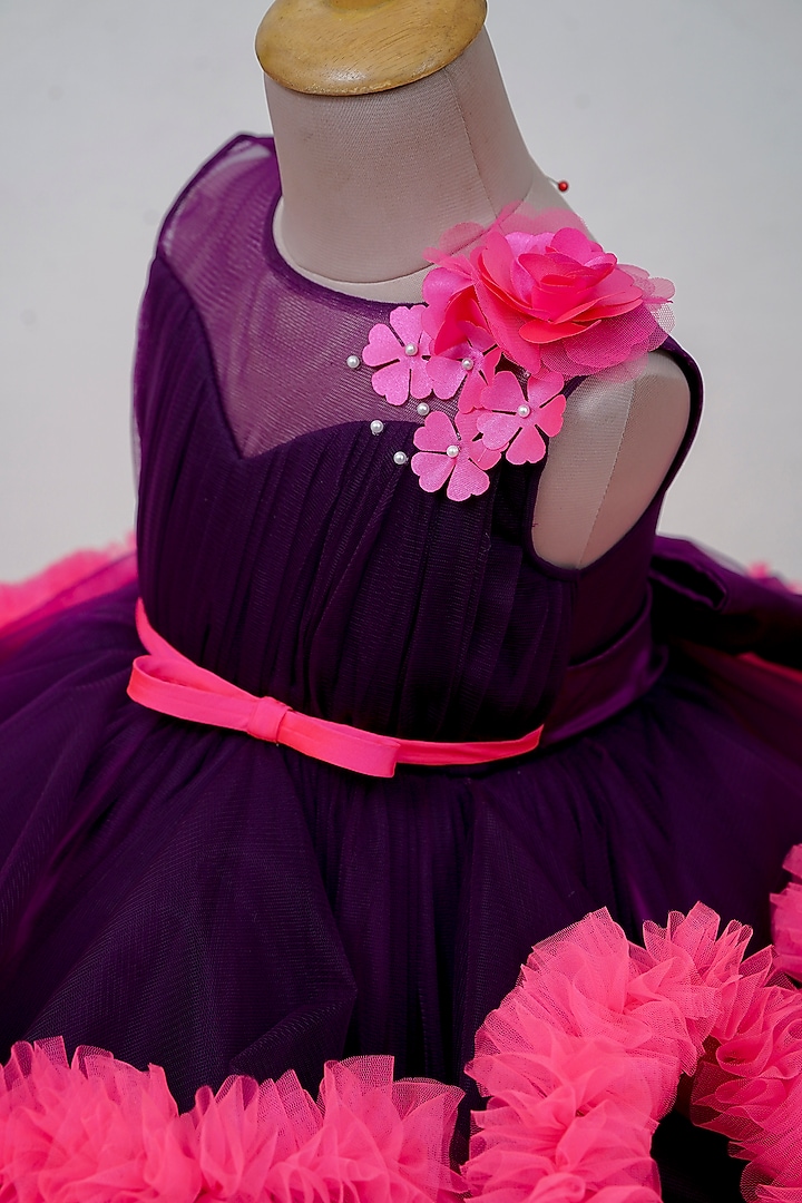 Grape Purple & Rani Pink Net Floral Embroidered Gown For Girls by Li & Li Boutique at Pernia's Pop Up Shop
