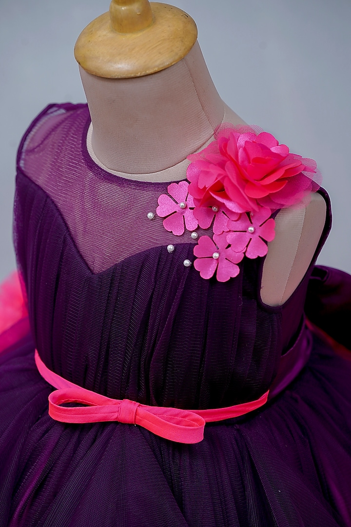 Grape Purple & Rani Pink Net Floral Embroidered Gown For Girls by Li & Li Boutique at Pernia's Pop Up Shop