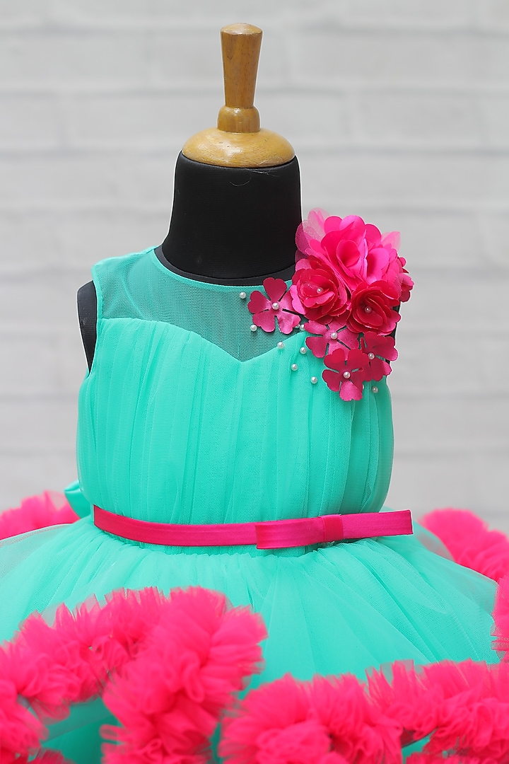 Aqua Green & Pink Net Floral Embroidered Gown For Girls by Li & Li Boutique at Pernia's Pop Up Shop