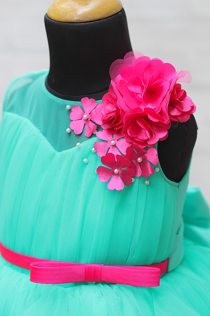 Aqua Green & Pink Net Floral Embroidered Gown For Girls by Li & Li Boutique at Pernia's Pop Up Shop