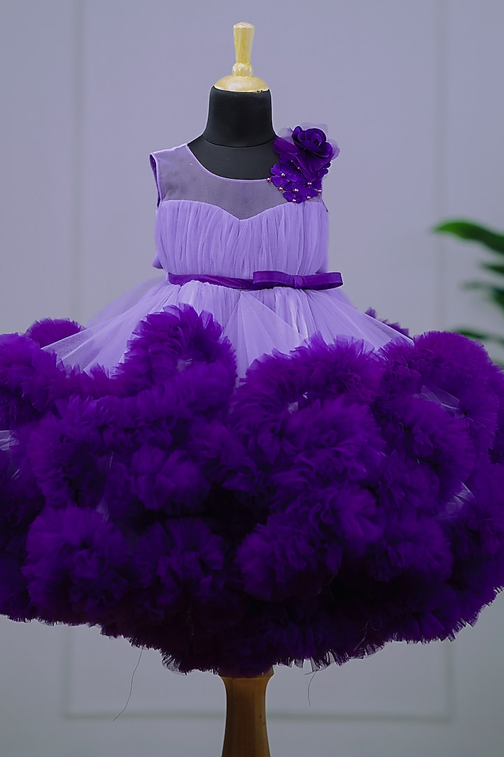 Lavender Net & Satin Floral Embroidered Gown For Girls by Li & Li Boutique at Pernia's Pop Up Shop