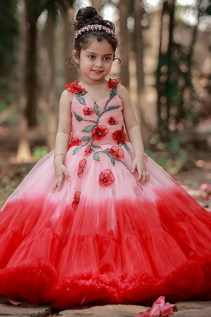 Peach Net & Satin Floral Embroidered Gown For Girls by Li & Li Boutique at Pernia's Pop Up Shop