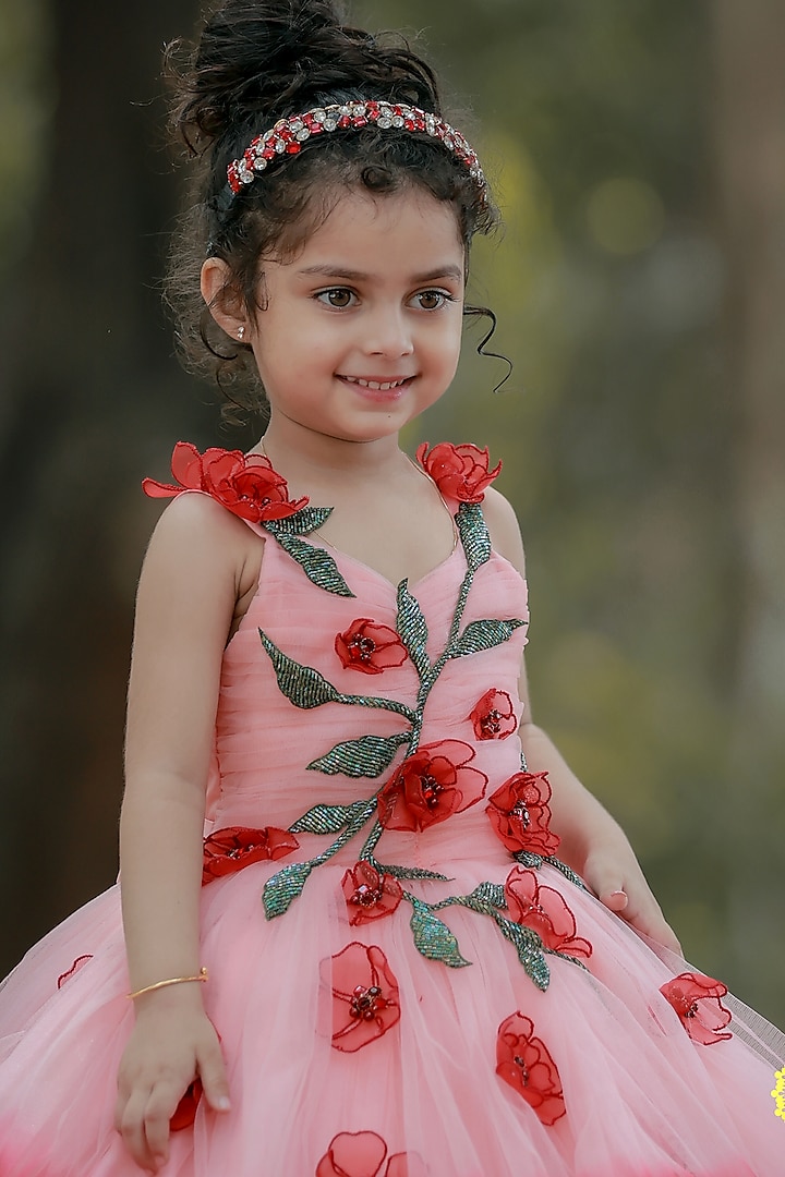 Peach Net & Satin Floral Embroidered Gown For Girls by Li & Li Boutique at Pernia's Pop Up Shop
