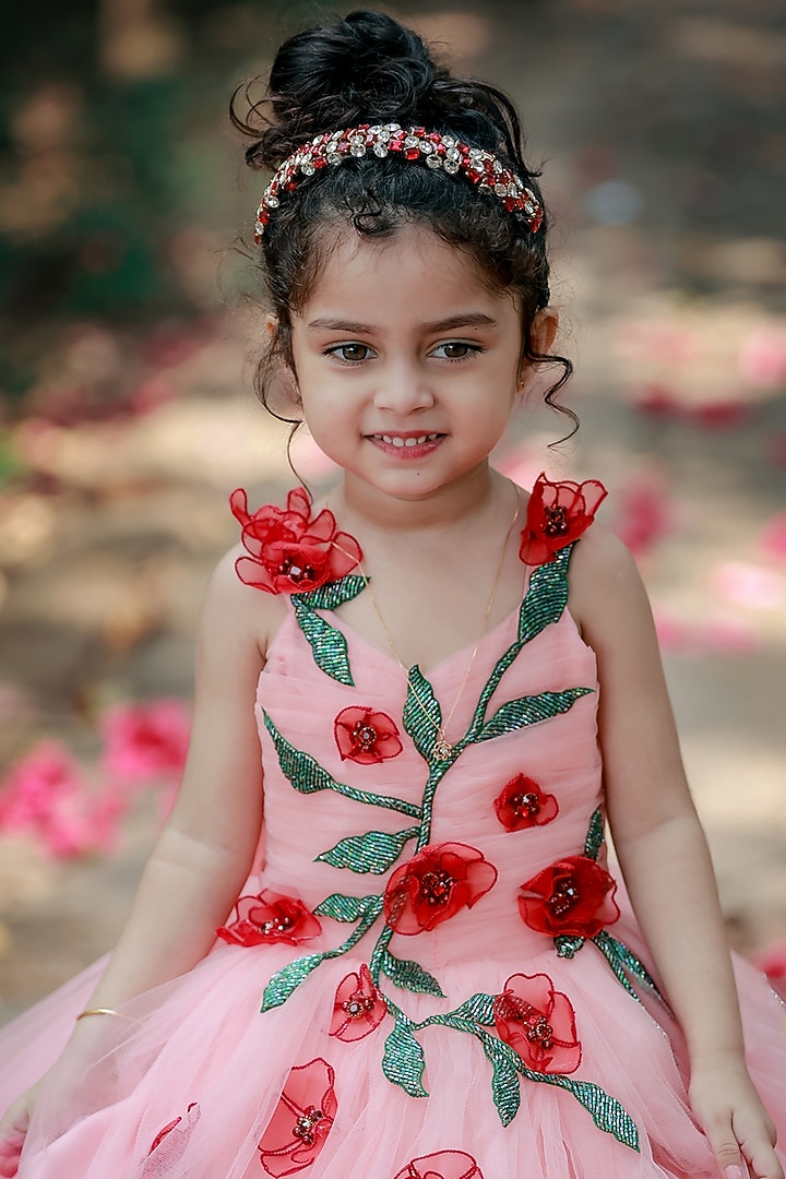 Peach Net & Satin Floral Embroidered Gown For Girls by Li & Li Boutique at Pernia's Pop Up Shop