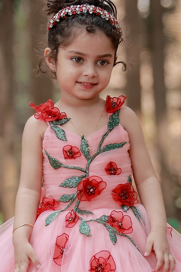 Peach Net & Satin Floral Embroidered Gown For Girls by Li & Li Boutique at Pernia's Pop Up Shop