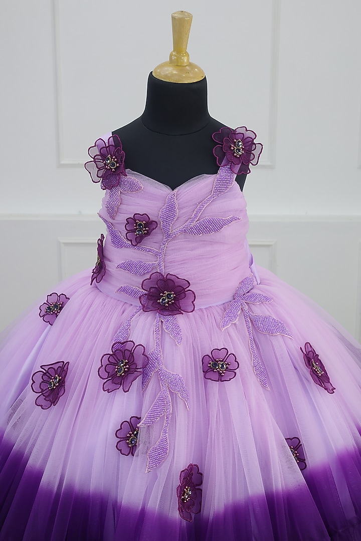 Lavenender & Purple Net & Satin Floral Embroidered Gown For Girls by Li & Li Boutique at Pernia's Pop Up Shop