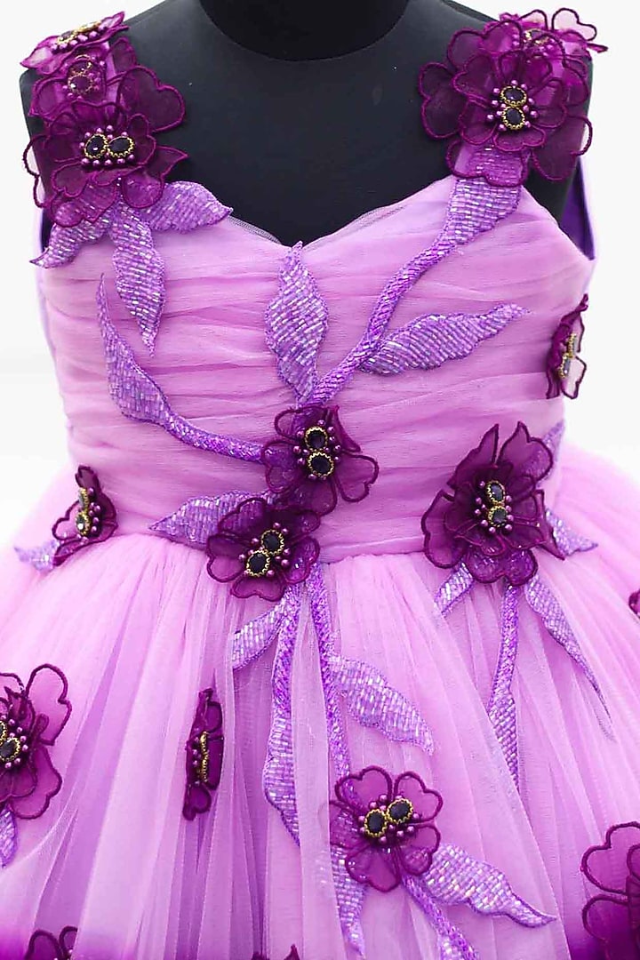 Lavenender & Purple Net & Satin Floral Embroidered Gown For Girls by Li & Li Boutique at Pernia's Pop Up Shop