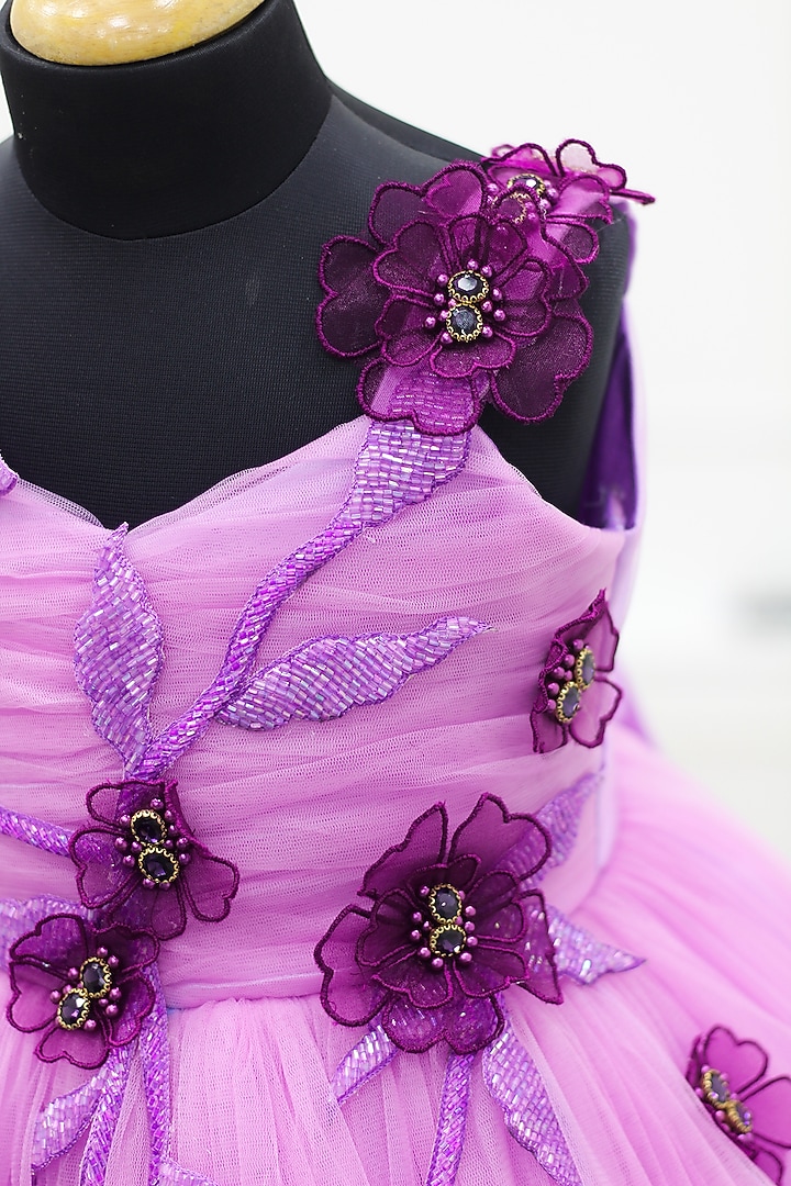 Lavenender & Purple Net & Satin Floral Embroidered Gown For Girls by Li & Li Boutique at Pernia's Pop Up Shop