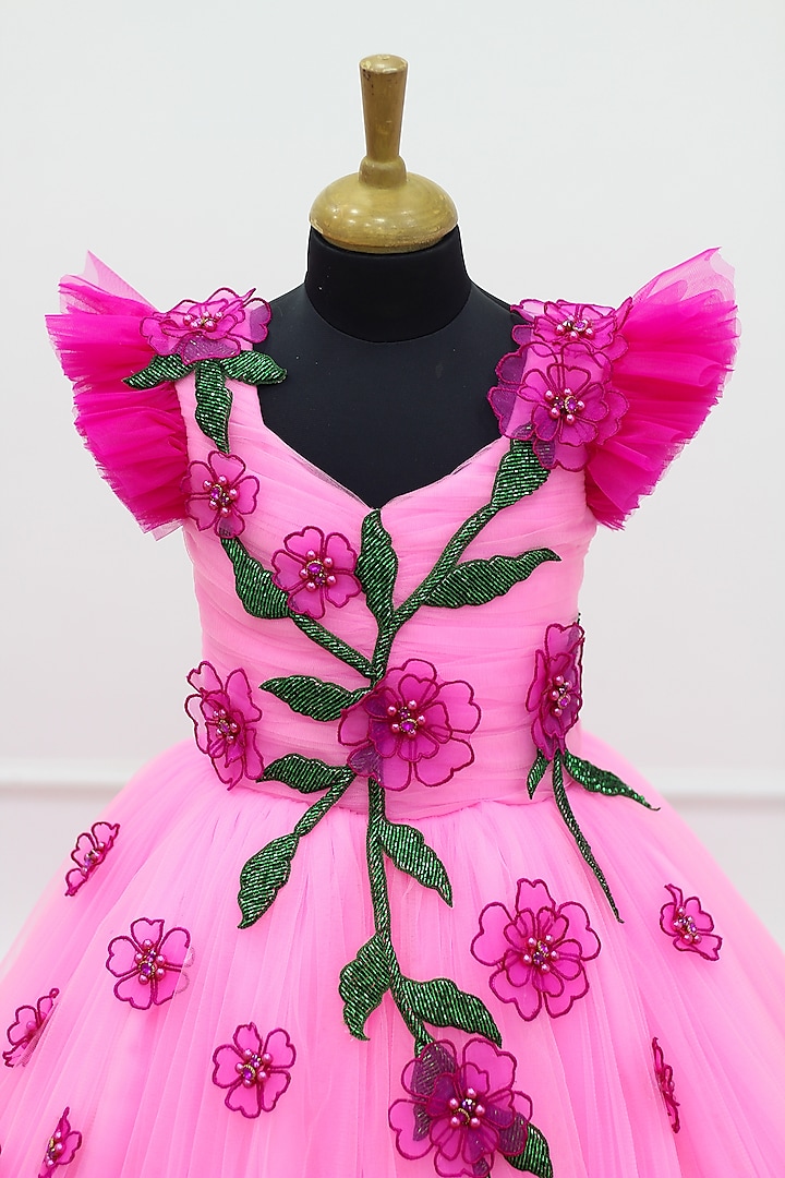 Light Pink Net Satin Floral Embroidered Frilled Gown For Girls by Li & Li Boutique at Pernia's Pop Up Shop