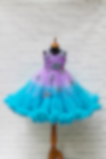 Lavender & Pale Turquoise Net & Satin Beads Embroidered Frilled Gown For Girls by Li & Li Boutique at Pernia's Pop Up Shop