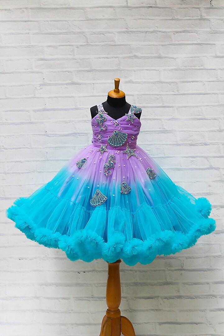 Lavender & Pale Turquoise Net & Satin Beads Embroidered Frilled Gown For Girls by Li & Li Boutique at Pernia's Pop Up Shop