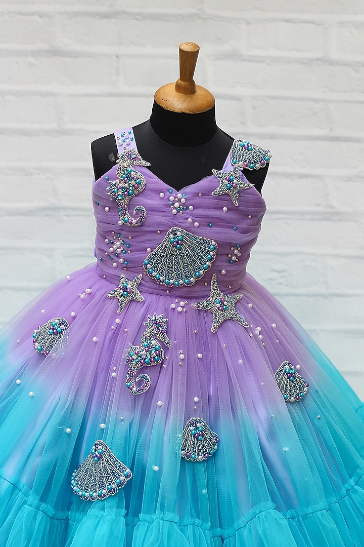 Lavender & Pale Turquoise Net & Satin Beads Embroidered Frilled Gown For Girls by Li & Li Boutique at Pernia's Pop Up Shop
