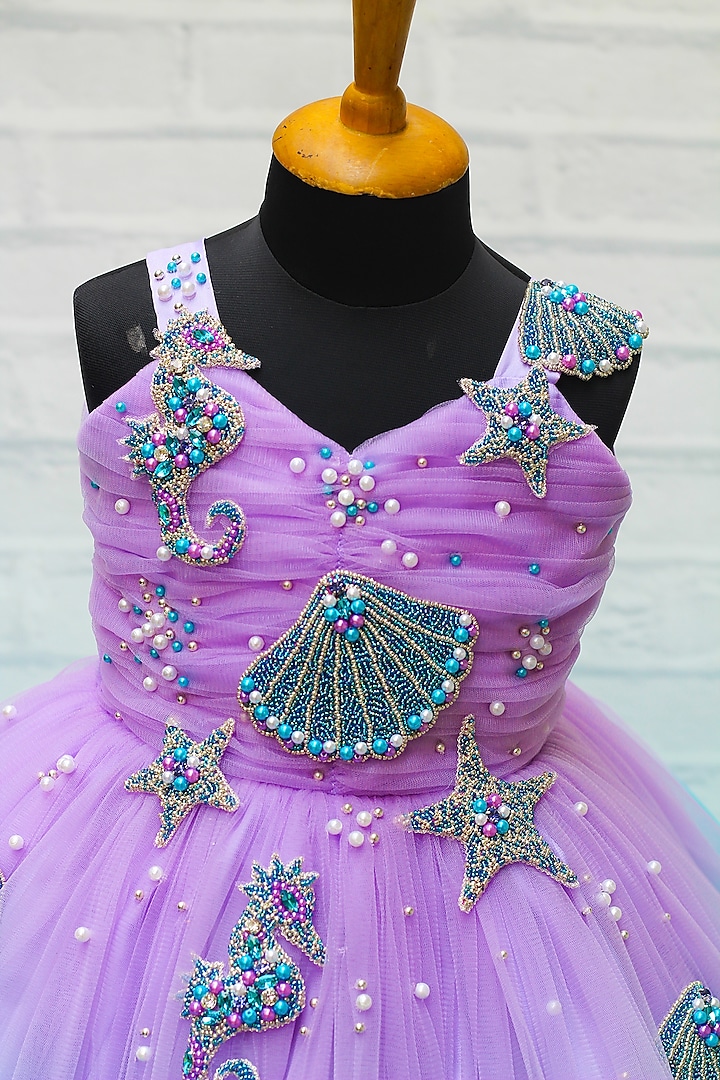 Lavender & Pale Turquoise Net & Satin Beads Embroidered Frilled Gown For Girls by Li & Li Boutique at Pernia's Pop Up Shop