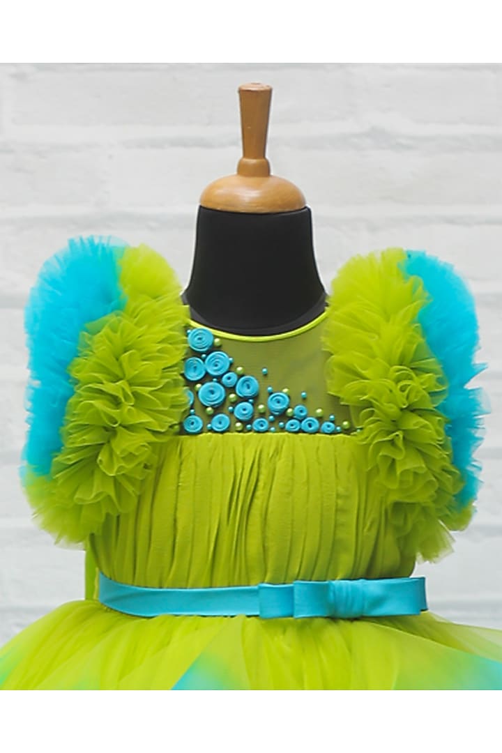 Lime Green Net & Satin Floral Embroidered Gown For Girls by Li & Li Boutique at Pernia's Pop Up Shop