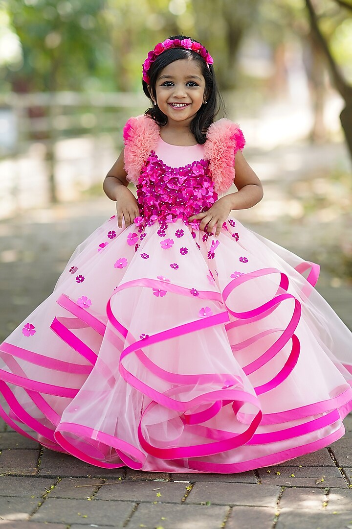 Dusty Peach Net & Satin Floral Embroidered Frilled Gown For Girls by Li & Li Boutique at Pernia's Pop Up Shop