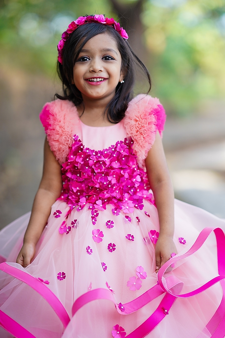 Dusty Peach Net & Satin Floral Embroidered Frilled Gown For Girls by Li & Li Boutique at Pernia's Pop Up Shop