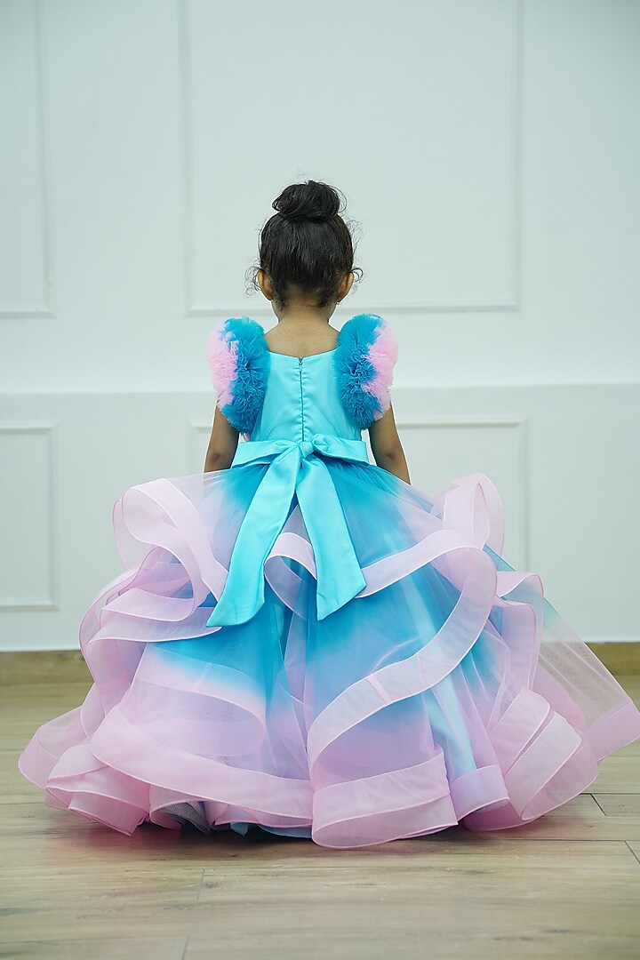 Pale Turquoise & Light Pink Net & Satin Floral Embroidered Gown For Girls by Li & Li Boutique at Pernia's Pop Up Shop