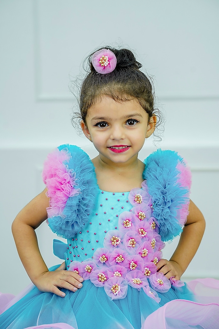 Pale Turquoise & Light Pink Net & Satin Floral Embroidered Gown For Girls by Li & Li Boutique at Pernia's Pop Up Shop