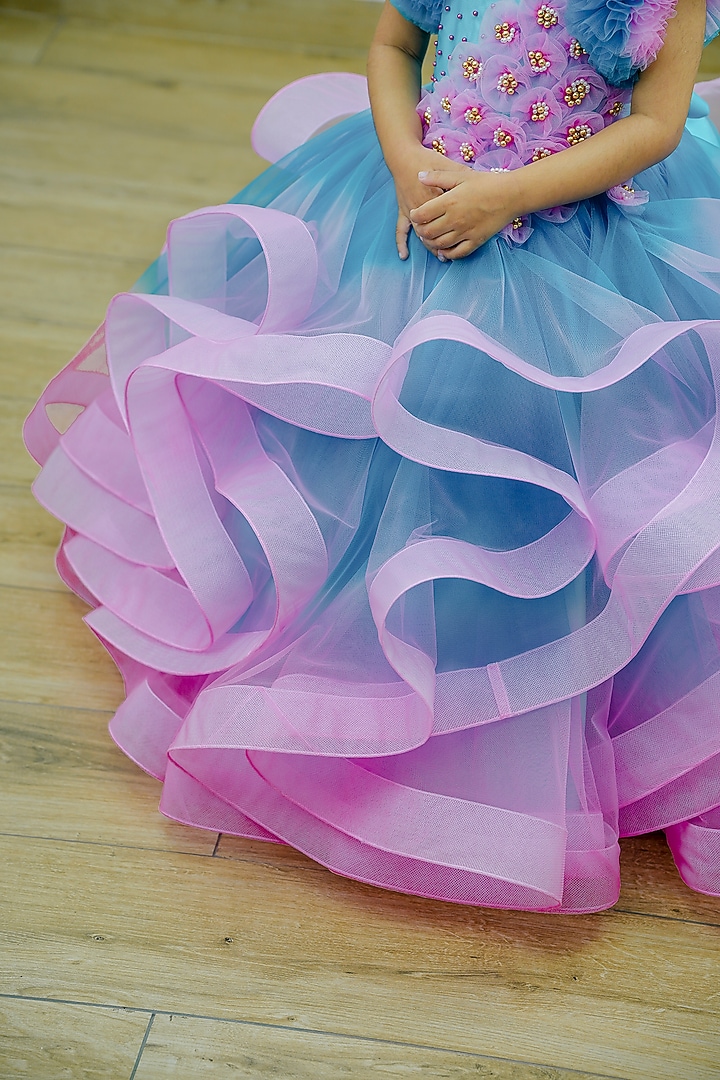 Pale Turquoise & Light Pink Net & Satin Floral Embroidered Gown For Girls by Li & Li Boutique at Pernia's Pop Up Shop