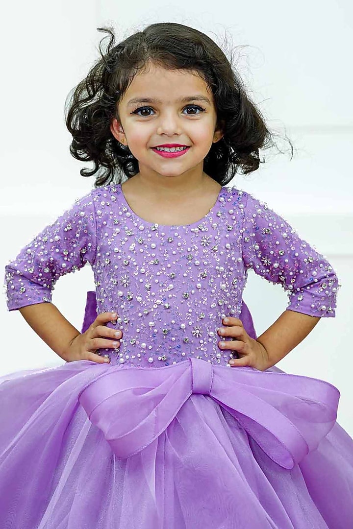 Lavender Organza Beads Embroidered Gown For Girls by Li & Li Boutique at Pernia's Pop Up Shop