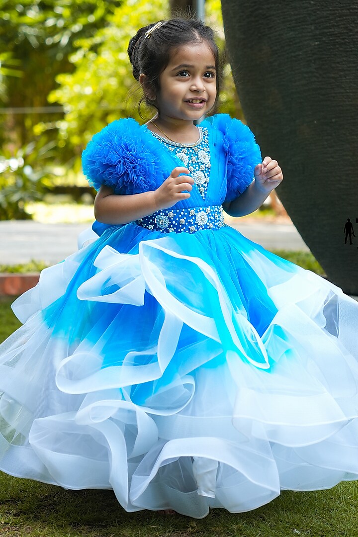 Sea Blue Net Bead Embroidered Gown For Girls by Li & Li Boutique at Pernia's Pop Up Shop