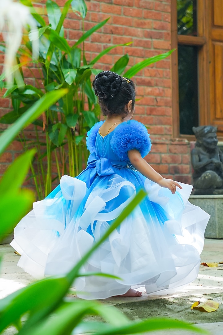 Sea Blue Net Bead Embroidered Gown For Girls by Li & Li Boutique at Pernia's Pop Up Shop