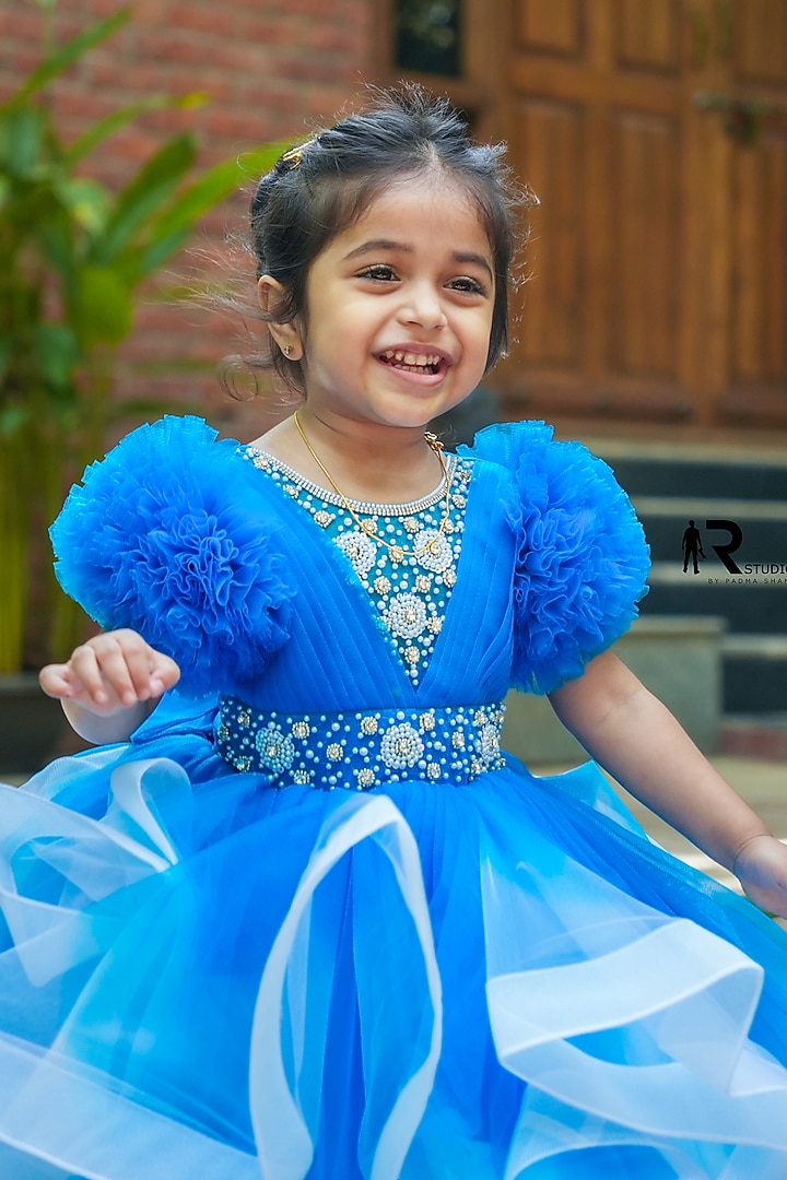 Sea Blue Net Bead Embroidered Gown For Girls by Li & Li Boutique at Pernia's Pop Up Shop