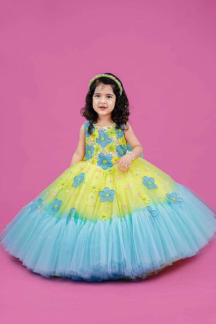 Light Lemon Yellow & Sky Blue Net Floral Embroidered Gown For Girls by Li & Li Boutique at Pernia's Pop Up Shop